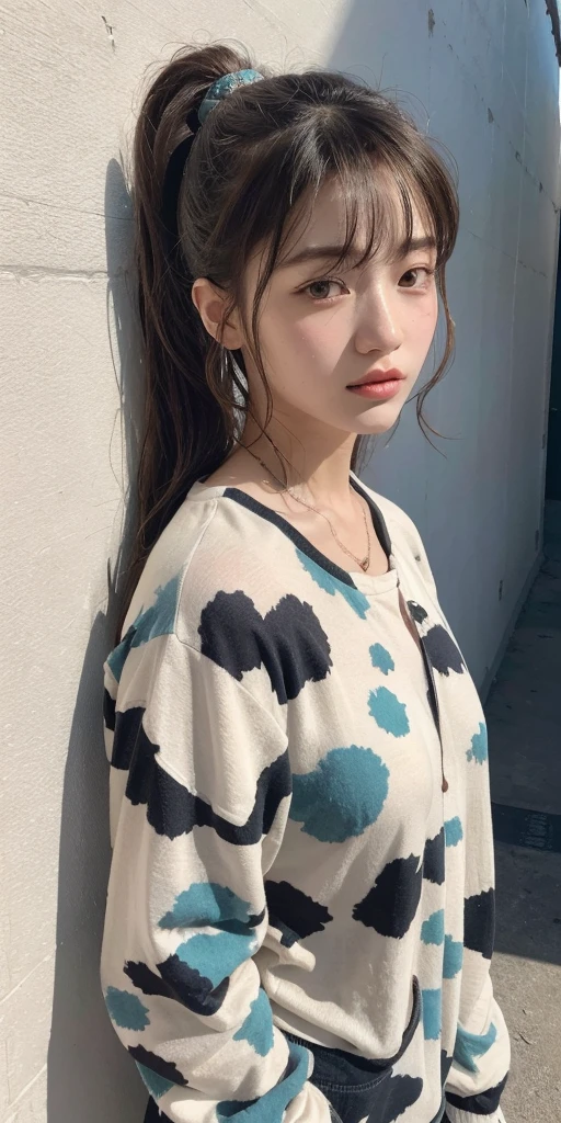 (masterpiece), (best quality), (ultra detailed),(disheveled hair),(illustration), (1girl), (Fashionable clothing), standing, Fashion model, looking at viewer, (interview), (simple background),beautiful detailed eyes, delicate beautiful face, Floating,(high saturation),(colorful splashes),colorful bubble,(shining), focus on face,  ponytail, kamisato ayaka, light blue hair, bangs, hair ring, floating flowers, floating hairs, (shining), best lighting, best shadow, (Graffiti background).