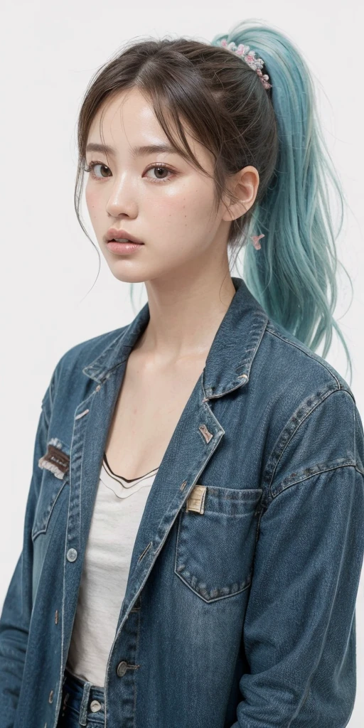 (masterpiece), (best quality), (ultra detailed),(disheveled hair),(illustration), (1girl), (Fashionable clothing), standing, Fashion model, looking at viewer, (interview), (simple background),beautiful detailed eyes, delicate beautiful face, Floating,(high saturation),(colorful splashes),colorful bubble,(shining), focus on face, ponytail, kamisato ayaka, light blue hair, bangs, hair ring, floating flowers, floating hairs, (shining), best lighting, best shadow, (Graffiti background).