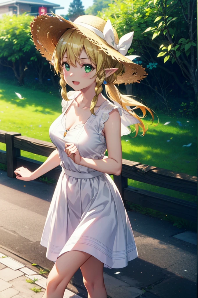 Suguhakirigaya, Suguhakirigaya, Long Hair,Blonde,Green Eyes,Pointy Ears,Short braids,,happy smile, smile, Open your mouth,Big Breasts,White straw hat,White sleeveless dress, bare arms,Green long skirt,Cute Sandals,Walking,Clear skies,whole bodyがイラストに入るように,
break outdoors, nature, forest,
break looking at viewer, whole body,
break (masterpiece:1.2), Highest quality, High resolution, unity 8k wallpaper, (shape:0.8), (Beautiful attention to detail:1.6), Highly detailed face, Perfect lighting, Extremely detailed CG, (Perfect hands, Perfect Anatomy),