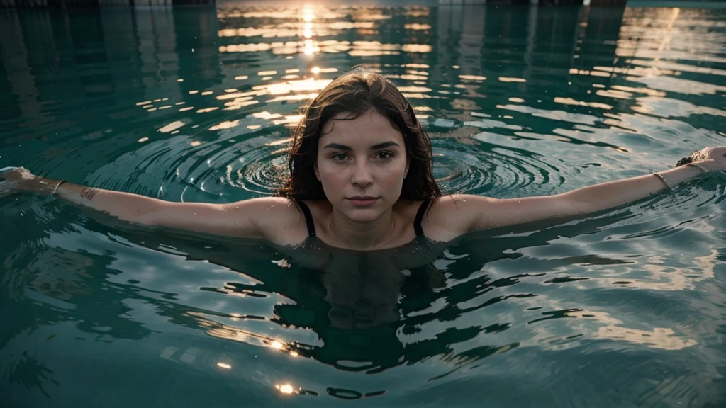 Femme, ((nue)), immergée dans une eau turquoise au coucher du soleil, avec les rayons chauds du soleil projetant des vagues et des ombres époustouflantes: