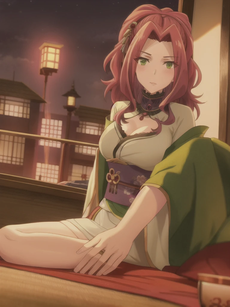 Long hair, red hair, green eyes, blush, large breasts, kimono, white kimono, night, bed, bedroom, looking at viewer, 