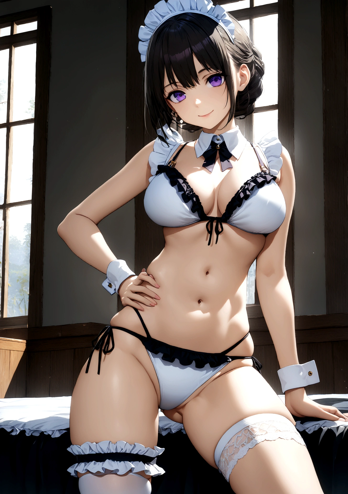 ((32k)), ((best quality)), ((ultra high res)), ((HDR)), ((UHD)), ((extremely detailed CG)), ((unity 32k wallpaper)), (((18 years old))), 1 girl, closed mouth, standing, purple eyes, swimsuit, bikini, thighs, cowboy shot, frills, indoors, hand up, stomach, white thighhighs, hand on hip, wrist cuffs, maid, maid headdress, bare arms, skindentation, detached collar, side-tie bikini bottom, white bikini, single thighhigh, string bikini, frilled bikini, bridal garter, maid bikini, smile, large breasts, (sit on the bed), (Spread your legs wide), 