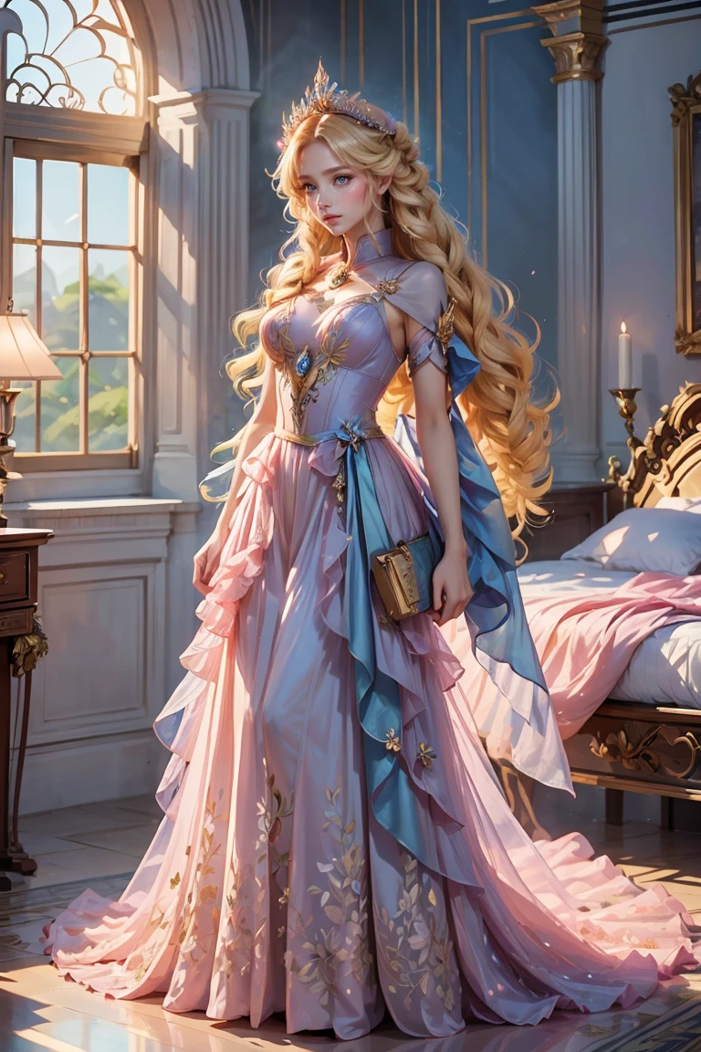 Best quality, masterpiece, ultra high res, raw photo, beautiful and aesthetic, deep shadow, fairy theme,(ultra detailed:1.3),
1girl, dynamic pose, flower headdress, drill hair, long hair, blonde hair, gradient hair, yellow eyes, solo, huge breasts, big hair, blue hair, divine goddess, looking at viewer, indoors, queen bedroom, empress bed, room full of curtain, astraea, full body, pink dress, fairy dress, transparant dress,