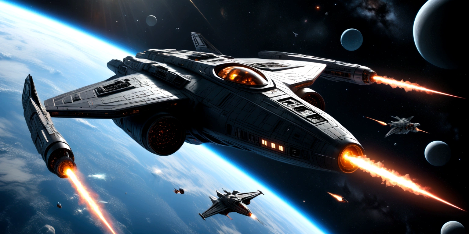 A futuristic space battle scene, a graceful fighter spacecraft, sleek and aerodynamic, with glowing engines and advanced weaponry, engaging in an epic confrontation with a massive, ominous death star-like structure, dramatic lighting, cinematic camera angles, intricate details, highly realistic, vibrant colors, dramatic lighting, cinematic composition, (best quality,4k,8k,highres,masterpiece:1.2),ultra-detailed,(realistic,photorealistic,photo-realistic:1.37),cinematic lighting,dramatic shadows,glowing energy weapons,spacecraft with detailed engines and hull plating,imposing death star-like structure,vast expanse of space with stars,sense of scale and grandeur