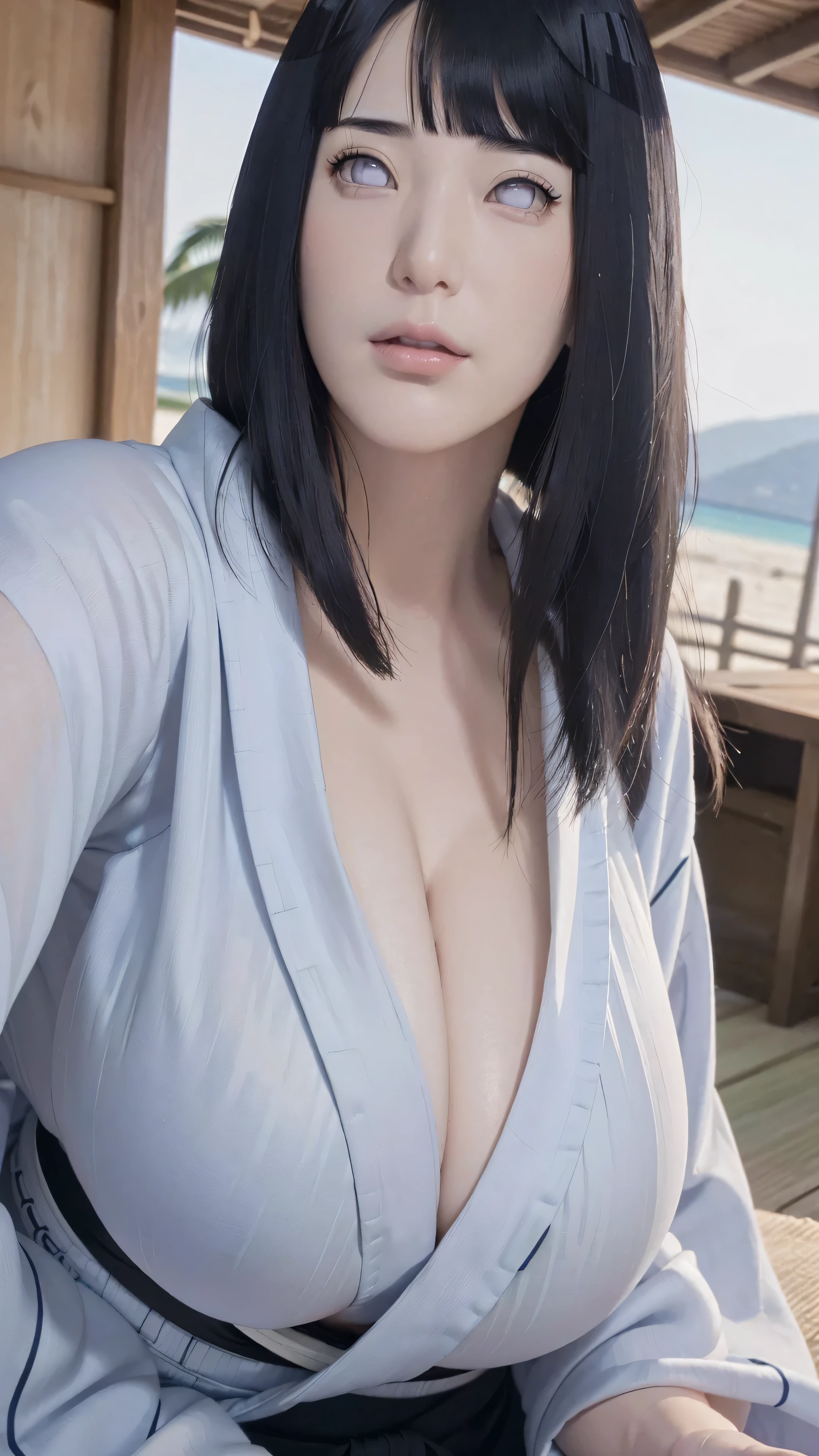 masterpiece, hinata\(boruto\), 1girl, mature women, (((Beautiful kimono))), (((Close-up photo))), (((selfie))), (((cleavage))), (((Closed Clothing))), (((big breasts))), (((big round breasts))), (((round breasts))), (((extremely heavy breasts))), (((Colossal tits))), (((heavy breasts))), (((plump breasts))), (((perfect breasts))), (((beach))), (shy face), detailed lips, beautiful face, blush, (pink lips), (((long hair))), white eyes, gentle gaze, smile, super realistic, detailed, realistic face and body, realistic hair, realistic eyes, realistic nose, realistic lips, seductive pose, (((straight bangs))), (dark blue hair), 28 year old girl