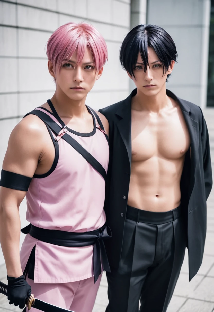Manip in a perspective of two men one with muscular toji cosplay and the other with sukuna cosplay from jujutsu kaisen, short hair, pink hair and black hair, with toji holding a short sword and sukuna with half naked torso in royal form