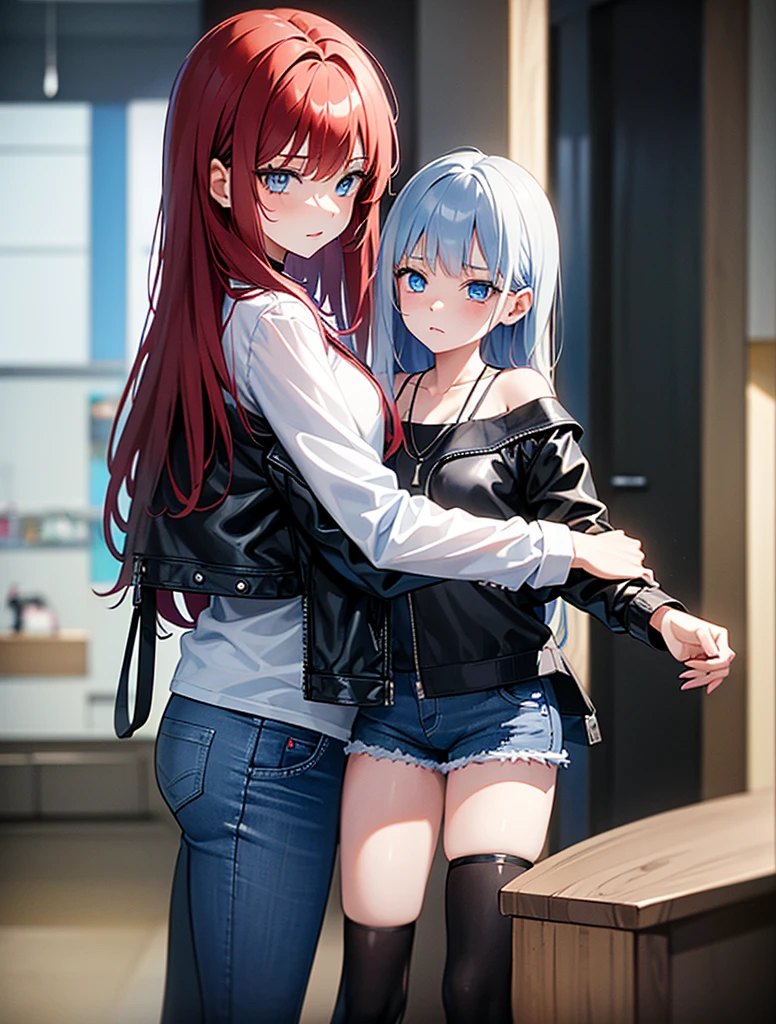 Two young girls, a young red-haired girl with blue eyes wearing a black leather jacket and a short white shirt with short blue denim shorts, and the second girl, a -yeld giwith long gray hair., blue eyes white shirt with side pendants, strong blue jeans