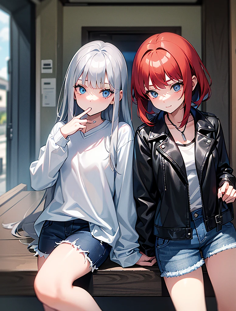 Two young girls, a young red-haired girl with blue eyes wearing a black leather jacket and a short white shirt with short blue denim shorts, and the second girl, a 10-year-old girl with long gray hair., blue eyes white shirt with side pendants, strong blue jeans