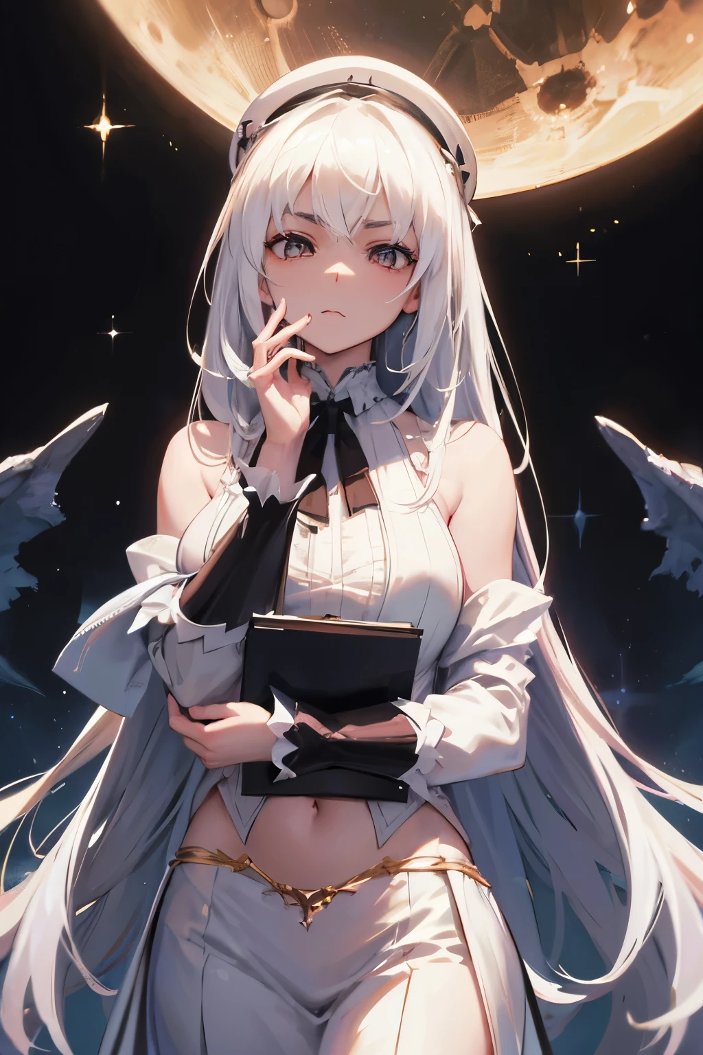 masterpiece, Highest quality, alone focus, (Perfect Face:1.1), (High detail:1.1),dramatic, 1 person, (Pale skin), Long, voluminous braided white hair, White eyes, alone, Long Hair, moon, night, White luxury suit, White Fedora Hat, Covered navel, Pouting, Covered, Jazz club, Detailed Background, art:artgerm と greg rutkowski, Gothic Renaissance, Cinema Lighting,
