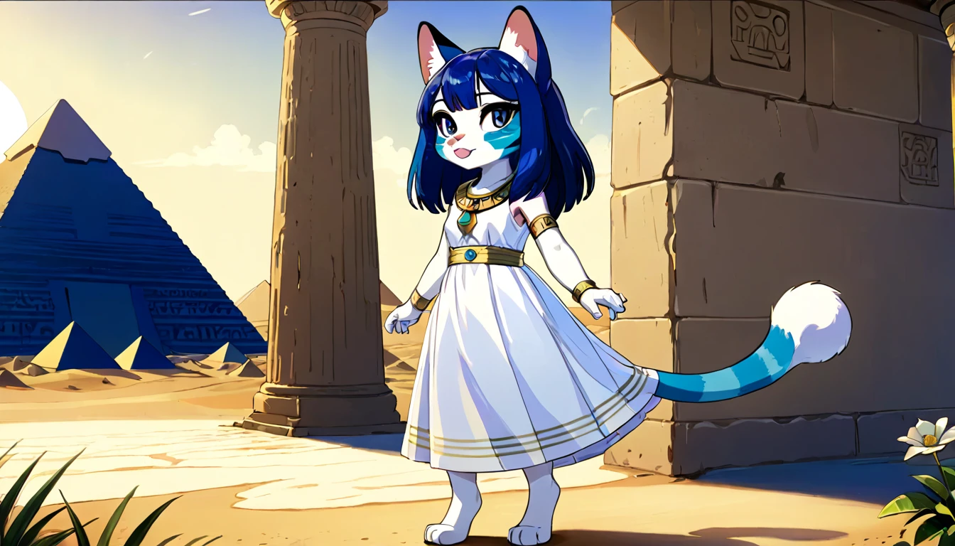 1girl，Artist Name，Egyptian cat，Blue Hair，skin，Keep your mouth shut，Wear，whole body，solo，Standing，猫Tail，Keep your mouth shut，Wear，Looking at the audience,Animal Crossing Furry, Blue Hair, Hair accessories, 黄skin, black eyes, White Dress, Tail, Egyptian Pyramids，mummy，Sunlight，sunny，(masterpiece), ((best quality), Detailed background, masterpiece, best quality, high quality, absurd, The award-winning, professional, Very detailed