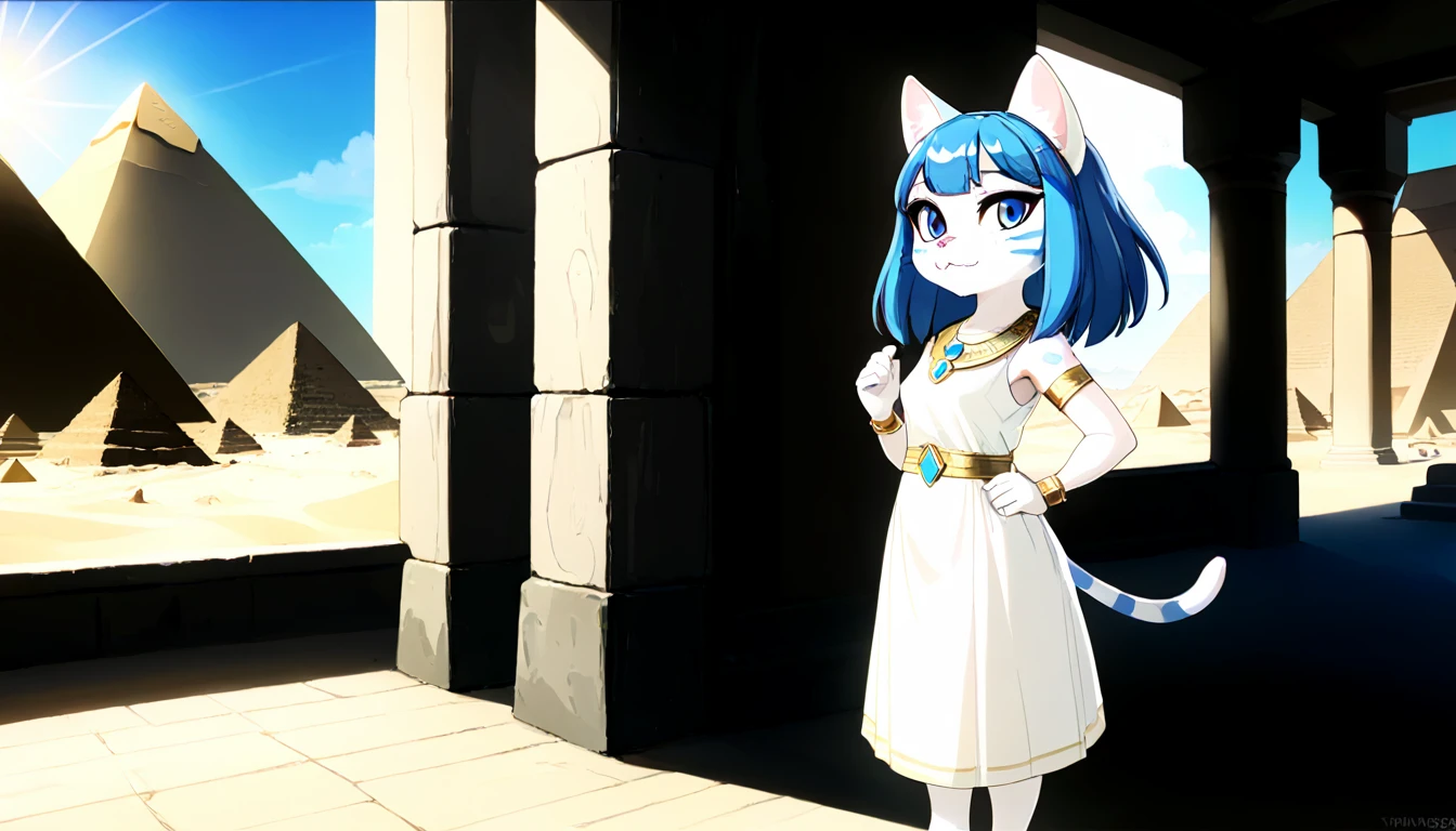 1girl，Artist Name，Egyptian cat，Blue Hair，skin，Keep your mouth shut，Wear，whole body，solo，Standing，猫Tail，Keep your mouth shut，Wear，Looking at the audience,Animal Crossing Furry, Blue Hair, Hair accessories, 黄skin, black eyes, White Dress, Tail, Egyptian Pyramids，mummy，Sunlight，sunny，(masterpiece), ((best quality), Detailed background, masterpiece, best quality, high quality, absurd, The award-winning, professional, Very detailed