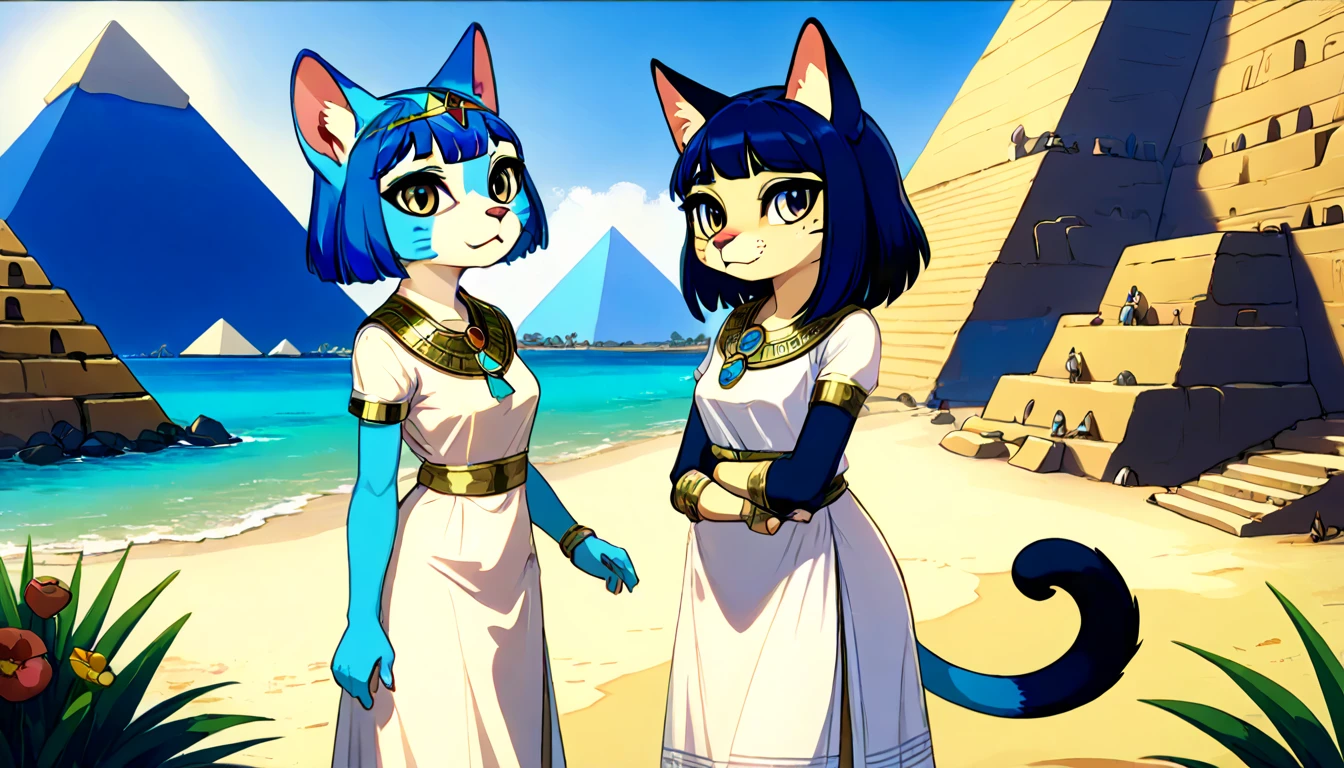 masterpiece, best quality, ultra-detailed, illustration, epic lighting, cinematic composition, 1girl, catgirl, ankha (animal crossing), yellow skin, cat tail, cat ears, short blue hair, bangs, white dress, sitting, (from below:1.1), cowboy shot, expressionless, (looking at viewer:1.1), outdoors, desert, sand, oasis, palm trees, river, pyramid, (8k:1.1)