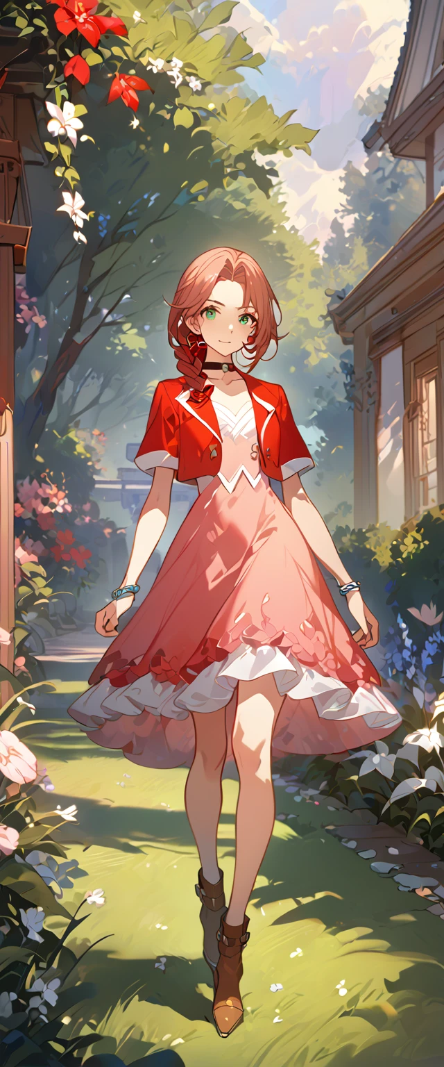 masterpiece, best quality, 8k, 4k, 1girl, aerith gainsborough, brown hair, braided, green eyes, red hair ribbon, braided long ponytail, red bolero jacket, cropped jacket, choker, long pink dress, pink hair bow, brown boots, bangles, walking in a garden, flowers, detailed background,, inspired by Asukaziye artist : ask, art style : ask