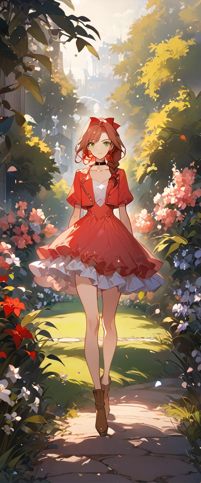 masterpiece, best quality, 8k, 4k, 1girl, aerith gainsborough, brown hair, braided, green eyes, red hair ribbon, braided long ponytail, red bolero jacket, cropped jacket, choker, long pink dress, pink hair bow, brown boots, bangles, walking in a garden, flowers, detailed background,, inspired by Asukaziye artist : ask, art style : ask