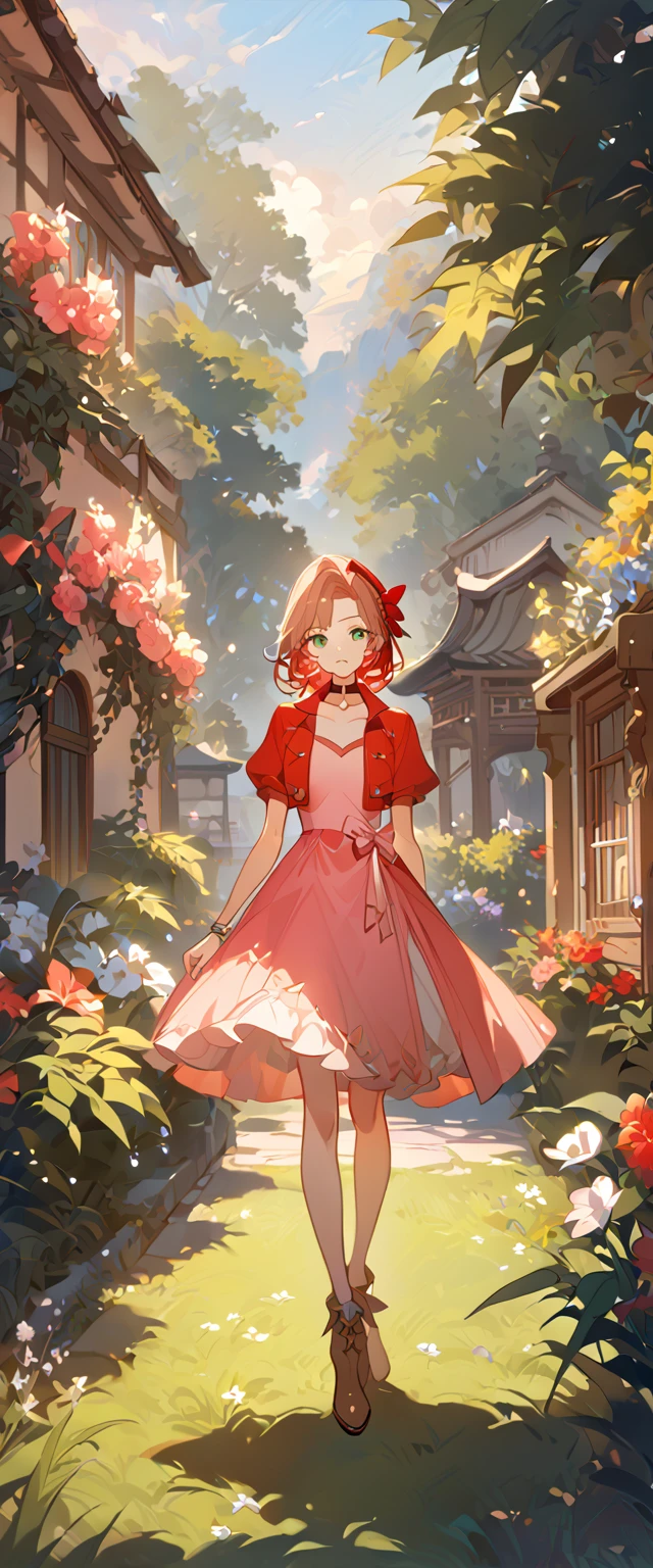 masterpiece, best quality, 8k, 4k, 1girl, aerith gainsborough, brown hair, braided, green eyes, red hair ribbon, braided long ponytail, red bolero jacket, cropped jacket, choker, long pink dress, pink hair bow, brown boots, bangles, walking in a garden, flowers, detailed background,, inspired by Asukaziye artist : ask, art style : ask