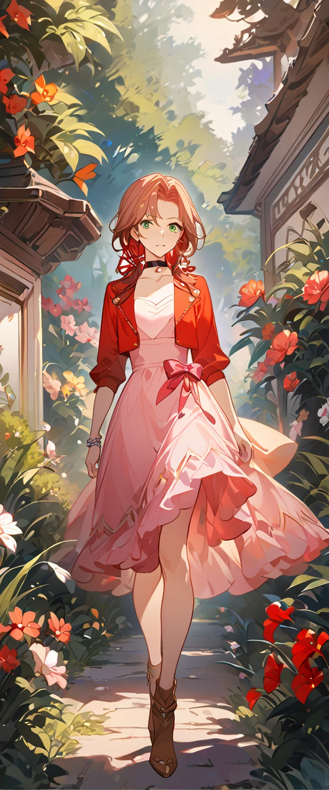masterpiece, best quality, 8k, 4k, 1girl, aerith gainsborough, brown hair, braided, green eyes, red hair ribbon, braided long ponytail, red bolero jacket, cropped jacket, choker, long pink dress, pink hair bow, brown boots, bangles, walking in a garden, flowers, detailed background,, inspired by Asukaziye artist : ask, art style : ask