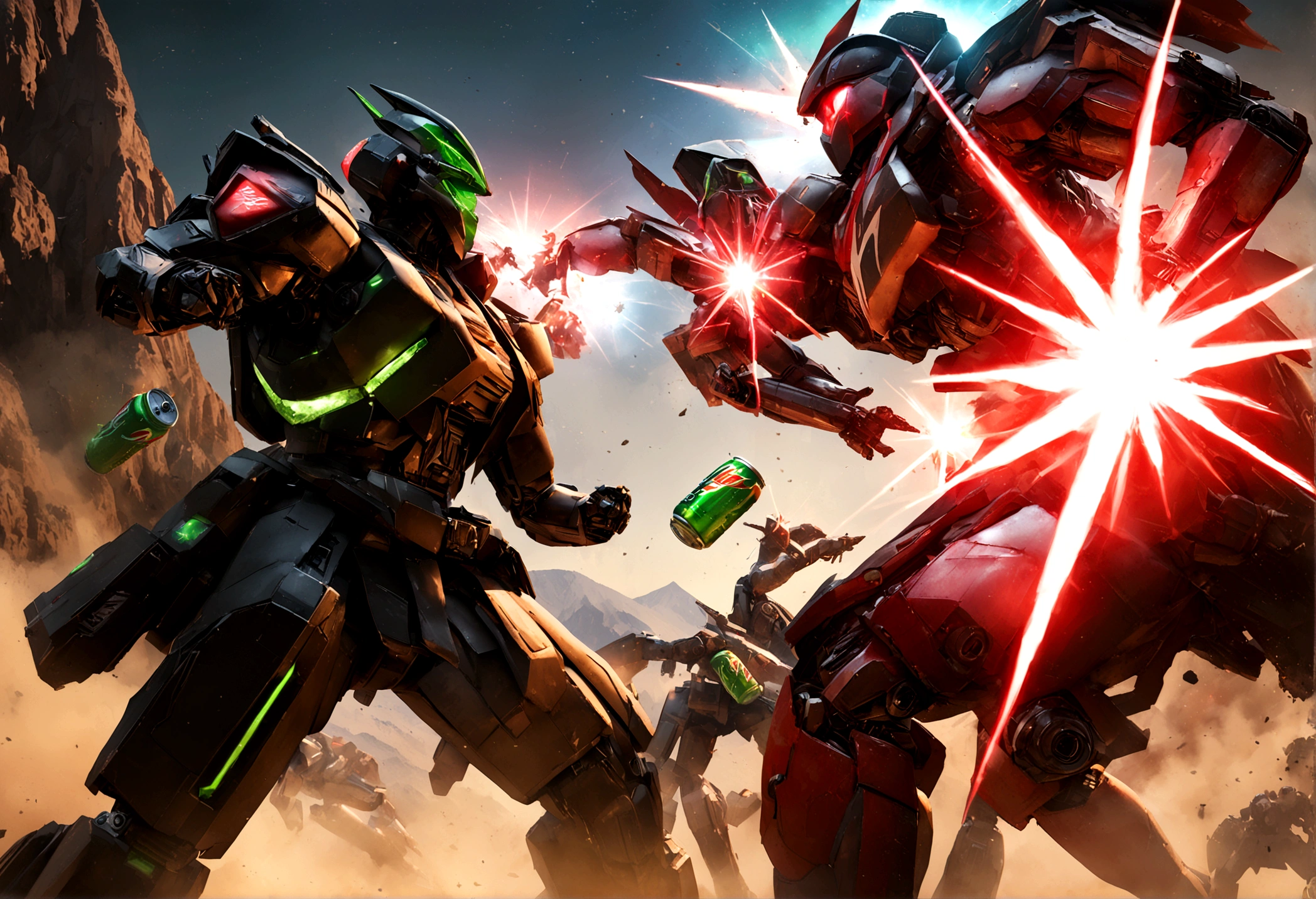 a futuristic battle between Coca-Cola and Mountain Dew robots, highly detailed, epic space battle, Coca-Cola red and white robots battling Mountain Dew green and black samurai robots, rocket thrusters, dynamic poses, mechanical details, volumetric lighting, 8k, photorealistic, cinematic composition, dramatic camera angles, vibrant colors, chiaroscuro lighting
