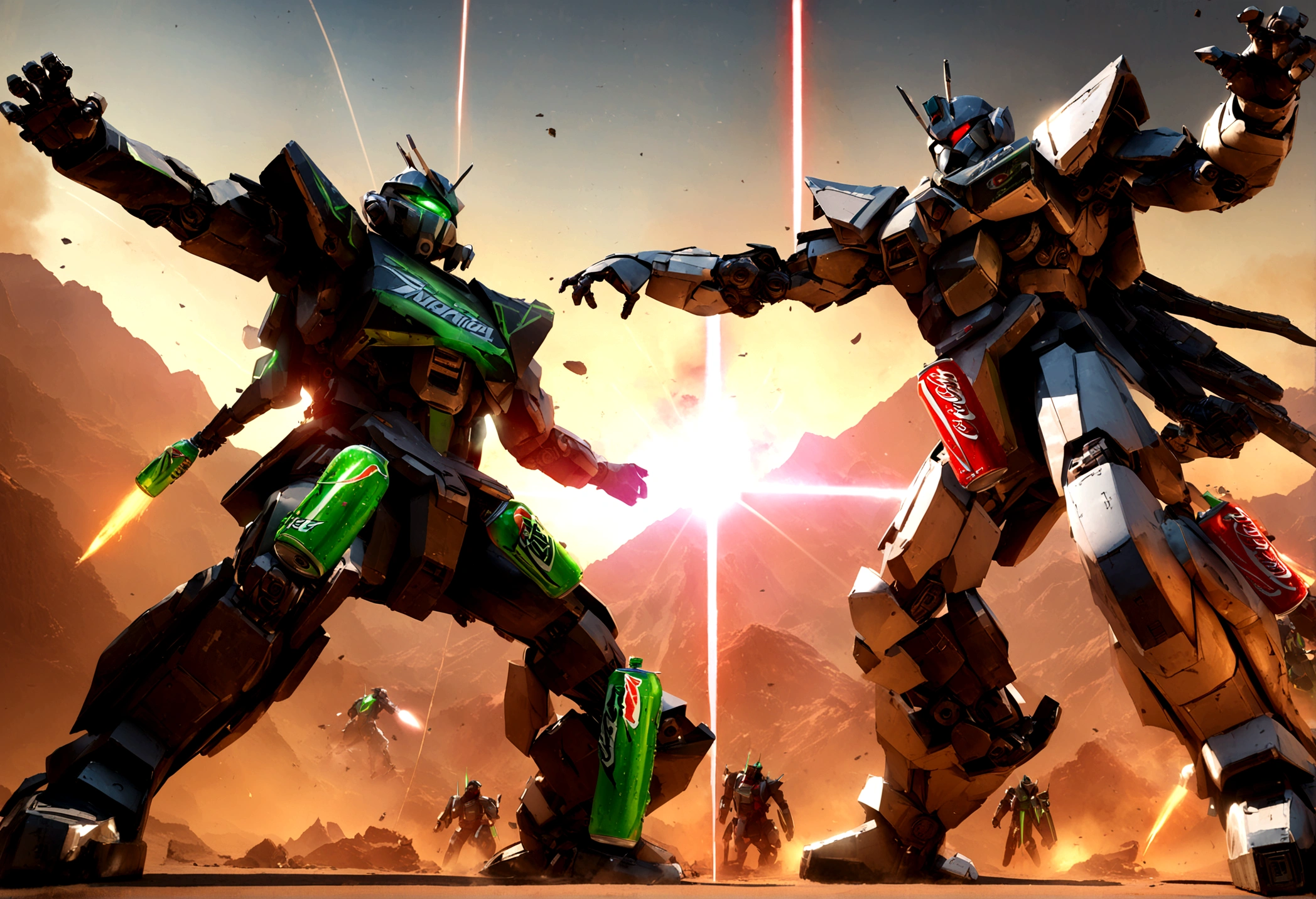 a futuristic battle between Coca-Cola and Mountain Dew robots, highly detailed, epic space battle, Coca-Cola red and white robots battling Mountain Dew green and black samurai robots, rocket thrusters, dynamic poses, mechanical details, volumetric lighting, 8k, photorealistic, cinematic composition, dramatic camera angles, vibrant colors, chiaroscuro lighting
