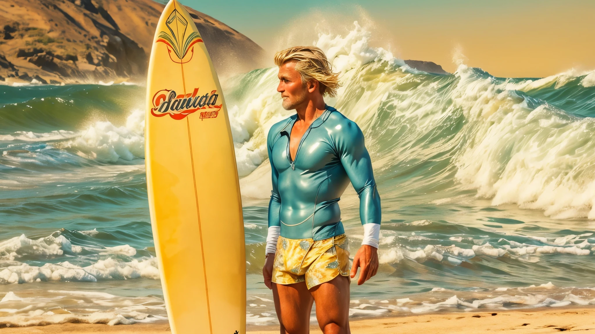 Blonde fit man on beach with surfboard, detailed surfboard, longboard, waves, sunshine, 50s surf scene, surf competition, Hawaiian surf scene, the beach boys Era,