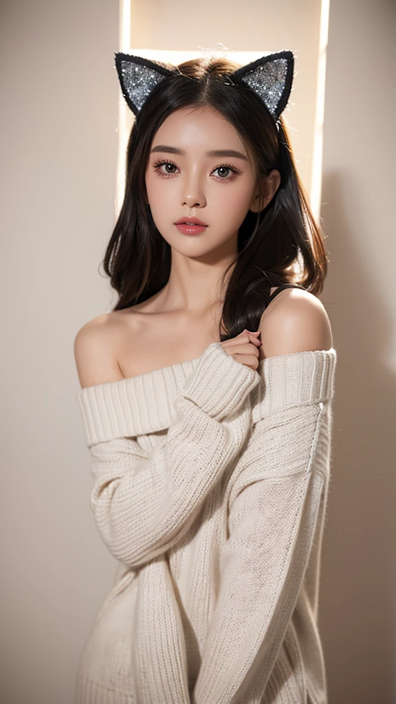 off-shoulder sweater, snood, sparkling starry eyes, cat ears, shoulder strap, snood, big bust, cute