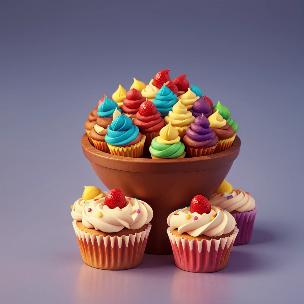 Background with several cupcakes, with colored coating, cartoon-like
