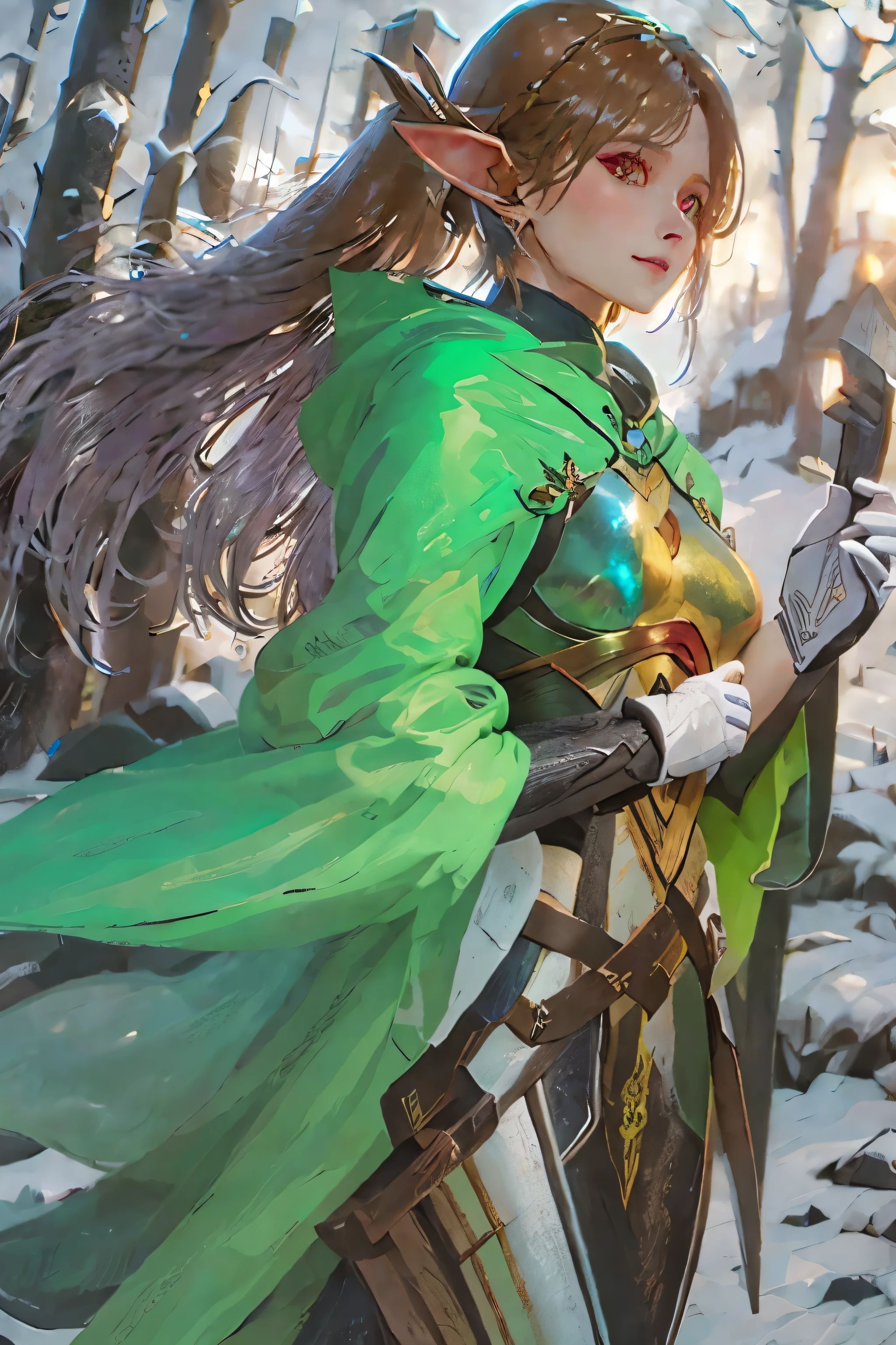 Brown hair in a ponytail, a slender Yrliet-like woman in Aeldari elven armor, wearing a green cloak, sci-fi style, in a deep green summer forest, facing forward, girl in the center, eyes looking straight ahead, front facing composition