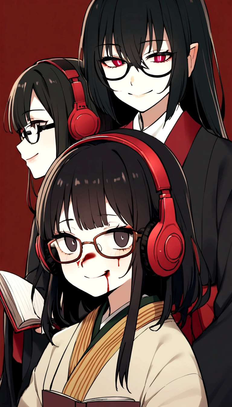 15 year old Japanese girl,Black hair and dark eyes,In kimono、Shortcuts、Glasses、Wearing headphones、I have a book、There's blood, Cute face girl, smile, Bleeding eyes, Bleeding from the nose or mouth, 邪悪なsmile、