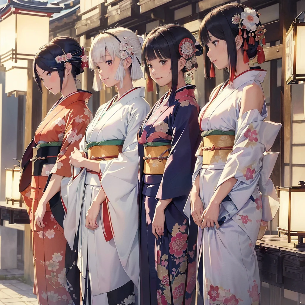best quality, masterpiece, 

New Year, (Kimono with strikingly beautiful colors:1.7), 

Three Japanese high-school cute girls, looking straight, gently smiling,

white short scarf, white feather shawl,

 (separately side by side:1.4), 

(The image shows only the upper body:1.7),

shrine background,

