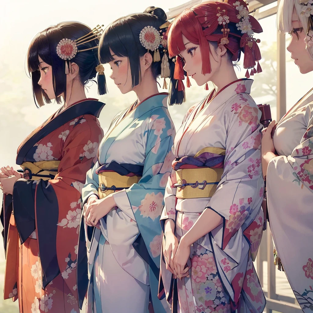 best quality, masterpiece,
New Year, (Kimono with strikingly beautiful colors:1.7),
Three Japanese high-school cute girls, looking straight, gently smiling,
white short scarf, white feather shawl,
(separately side by side:1.4),
(The image shows only the upper body:1.7),
shrine background,