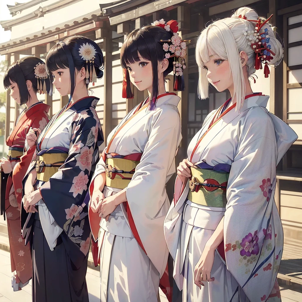 best quality, masterpiece,
New Year, (Kimono with strikingly beautiful colors:1.7),
Three Japanese high-school cute girls, looking straight, gently smiling,
white short scarf, white feather shawl,
(separately side by side:1.4),
(The image shows only the upper body:1.7),
shrine background,
