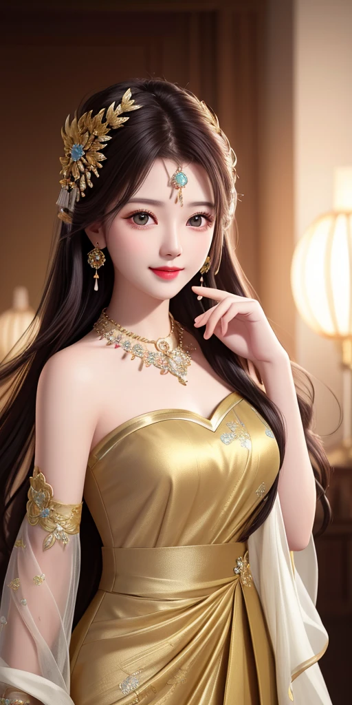 best quality, masterpiece, highres, 1girl, transparent silk china dress, beautiful face, hair ornament, looking at viewer, smile, closed mouth,lips, dress,hair ornament, necklace, jewelry, long hair, earrings, Beautiful face,upon_body, tyndall effect,photorealistic, dark studio, rim lighting, two tone lighting,(high detailed skin:1.2), 8k uhd, dslr, soft lighting, high quality, volumetric lighting, candid, Photograph, high resolution, 4k, 8k, Bokeh