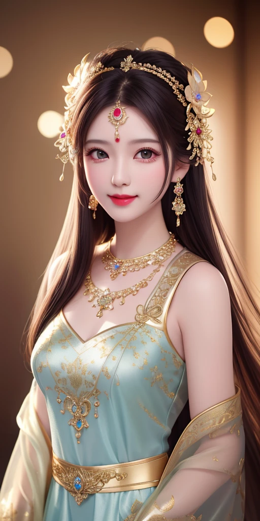 best quality, masterpiece, highres, 1girl, transparent silk china dress, beautiful face, hair ornament, looking at viewer, smile, closed mouth,lips, dress,hair ornament, necklace, jewelry, long hair, earrings, Beautiful face,upon_body, tyndall effect,photorealistic, dark studio, rim lighting, two tone lighting,(high detailed skin:1.2), 8k uhd, dslr, soft lighting, high quality, volumetric lighting, candid, Photograph, high resolution, 4k, 8k, Bokeh