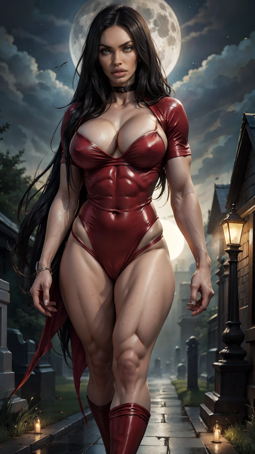 Megan fox as Vampirella, (wearing a red vampirella outfit:1.25), (muscular physique, pale skin, red glowing eyes:1.25), walking down a cemetery on a moonlit night, full moon, dark gothic atmosphere, thin legs, Realistic, Very detailed face and eyes, (masterpiece:1.1), (best quality:1.1), (veiny breasts:1.1), (beautiful girl face:1.25)