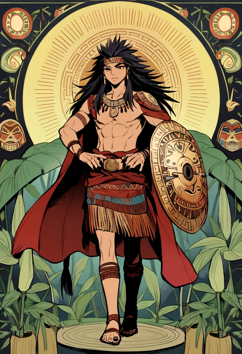 higrres 1 boy, joung boy, 15 years old, all lefth arm aztec tatto, bare soulders, full body, black nails, black eyes, black hair, aztec weapon, long hair, looking at viewe,r male focus, tattoo, aztec shield, aztec, tribal warrior, armor, dark-skinned, aztec mask, jaguar skin cape, combat pose, war cry exprexion, jaguar fur, repeat it in a kunoichi tsubaki style, bamboo forest background