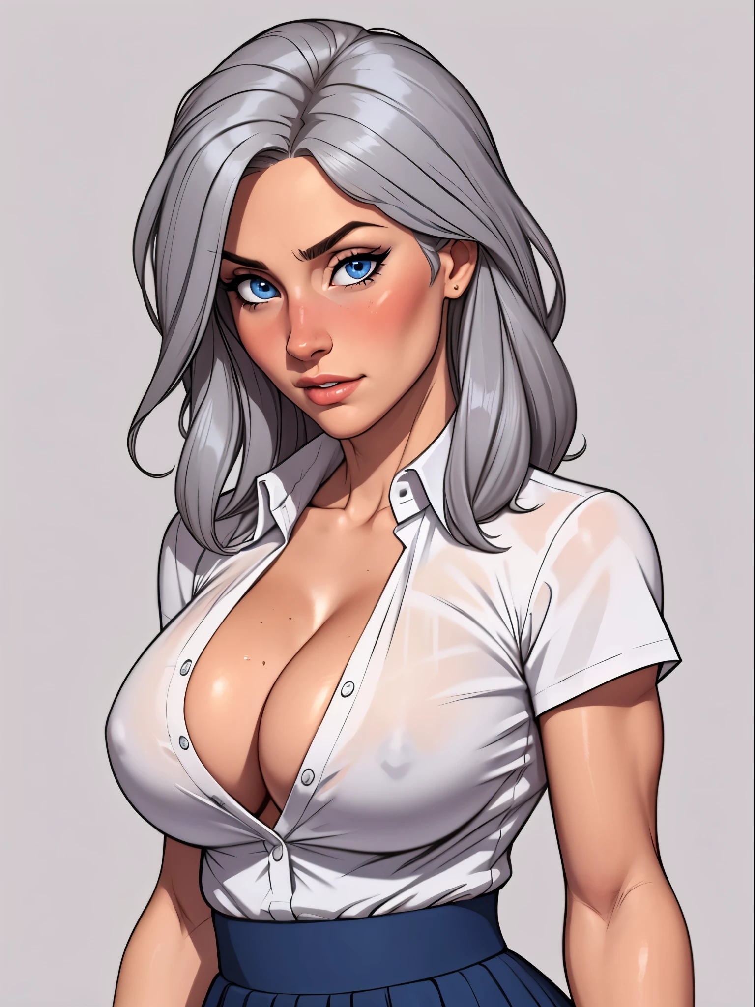 1 woman with grey hair, skin dentation, cleavage, shiny skin, blue eyes, shy blushed face, SFW, skirt, blouse, athletic body, simple background, perfect face