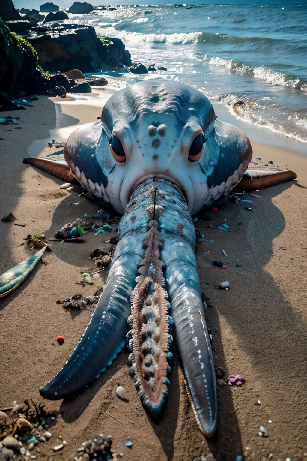 Giant monster reef squid found dead on the beach then surrounding by croud tu see it