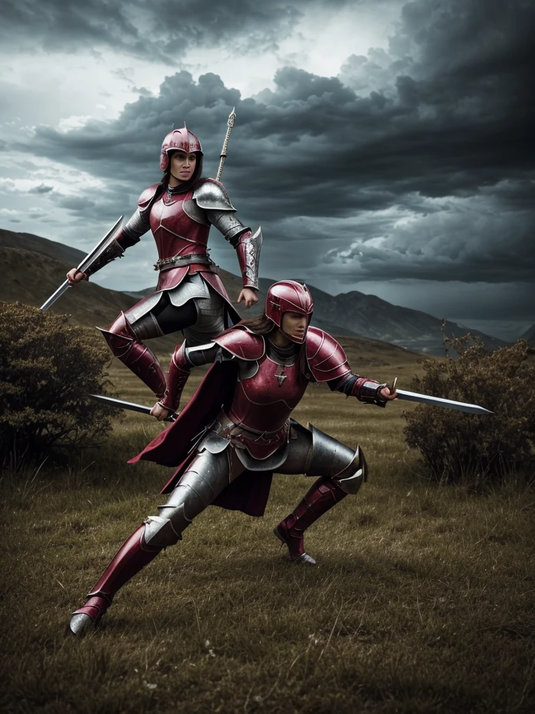 ((Kunoichi)), Indian, Indian Woman, 45 year old, big breasts, forest, (( sensual pose)), red and black armour, (( full body armour)),(( Knight Armour)), ((big cleavage and big breasts)), ((single person))