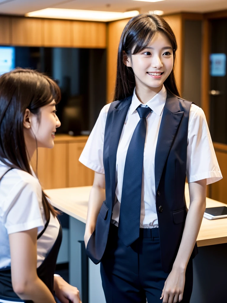 masterpiece、超High resolution、She is very cute and young like an idol...々A cute and short 18-year-old businesswoman、Short,Gentle and cute、A kind smile、bikini、(Back view)、Working in an office with a business desk in a building (He is having a conversation with a male employee wearing a suit.). whole body、RAW Photos、Genuine、High resolution、Live Action