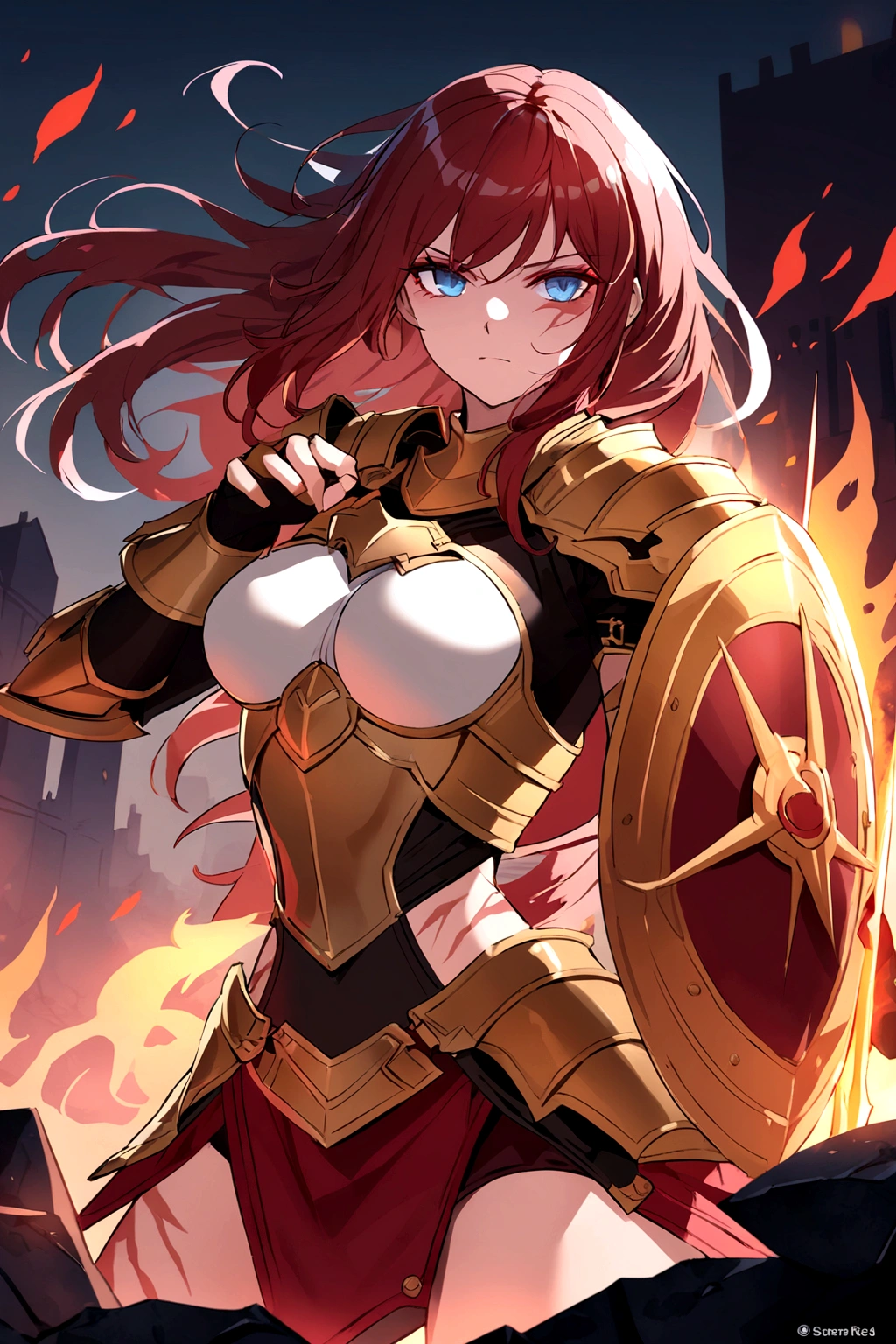 female greek-spartan warrior, long red hairs, blue eyes, heroic, battle scars, highly detailed portrait, comic, intricate armor, fierce expression, battle-ready pose, dramatic lighting, deep red and gold color palette, volumetric fog, dark fantasy style, in flames, burning, spear, shield