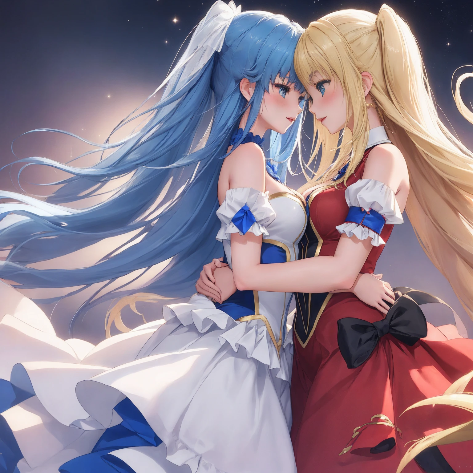 (masterpiece, best quality) 2girls hug each other (2girls with 2arms each one) (blonde and blue hair), size difference