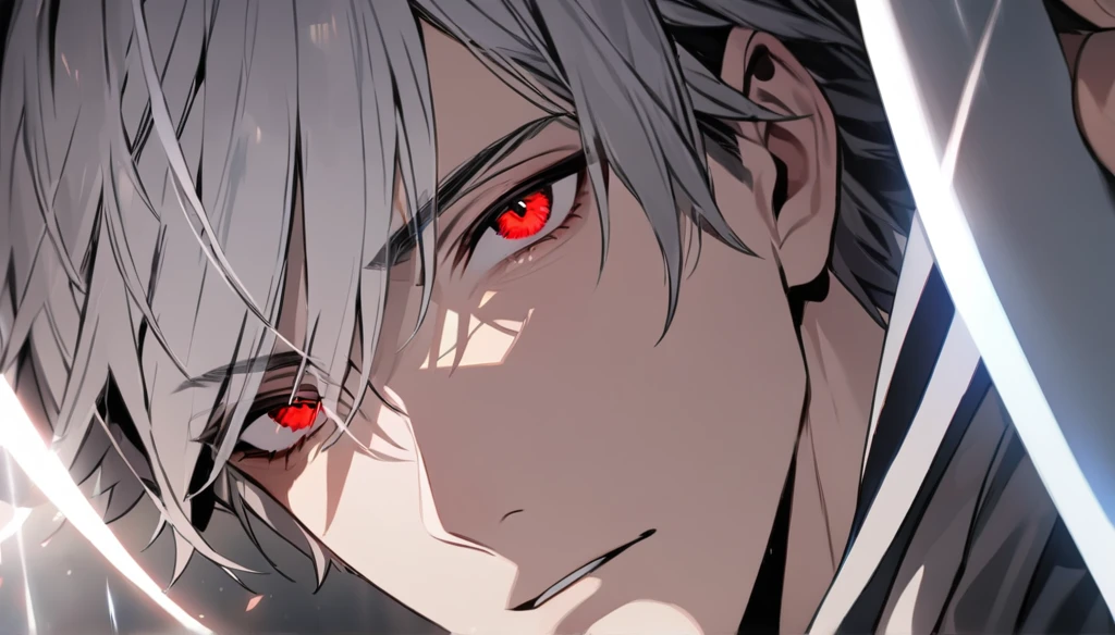 Resolution full, boy, very accurate, best quality, masterpiece, from front boy, cinematic lighting, full HD, very sharpener, only showing eyes, focus at eyes, detailed eyes, best art, very accurate, 1boy, man, solo, boy, red eyes, grey hair, red eyes
