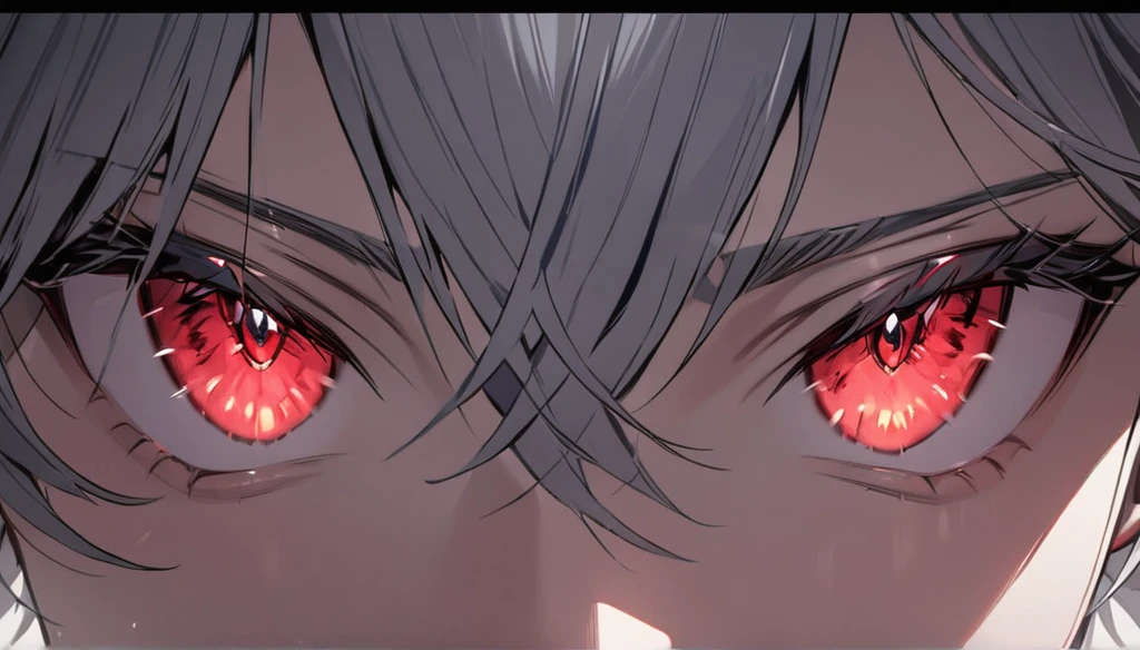 Resolution full, boy, very accurate, best quality, masterpiece, from front boy, cinematic lighting, full HD, very sharpener, only showing eyes, focus at eyes, detailed eyes, best art, very accurate, 1boy, man, solo, boy, red eyes, grey hair, red eyes
