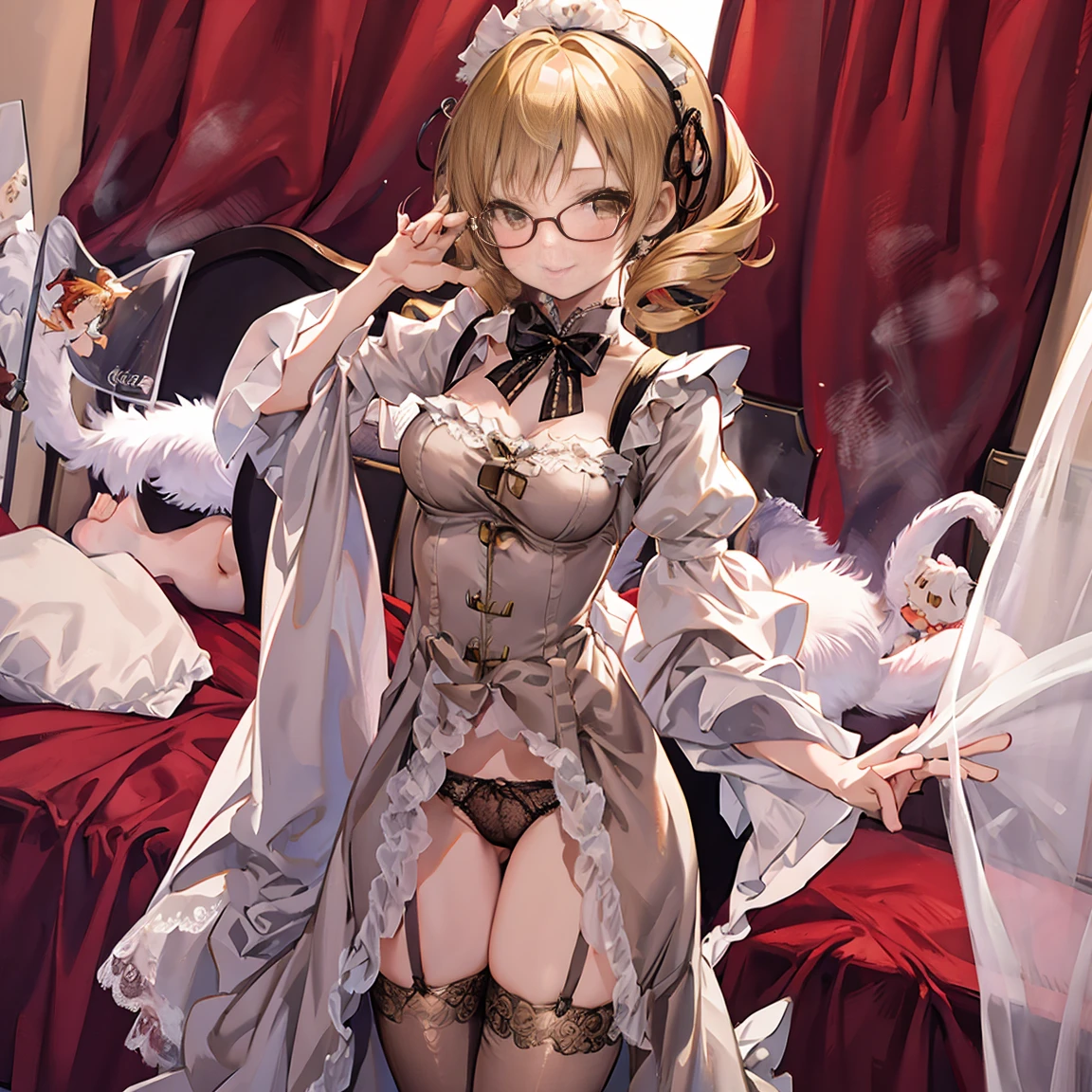 Slim woman wearing glasses、Show your underwear、Sheer lace underwear、Long maid outfit、Mami Tomoe、smile、Bedroom、Are standing