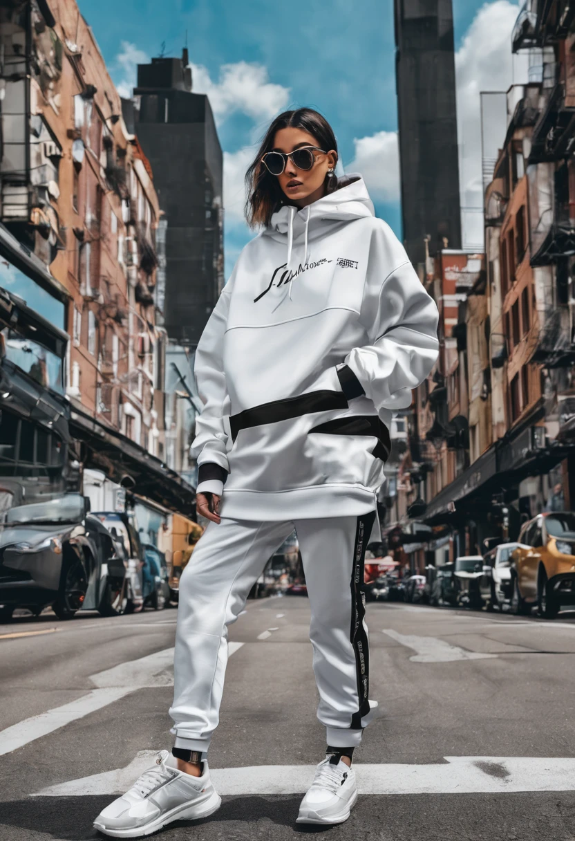 Generate a creative and dynamic image that captures the essence of high-quality urban fashion, perfect to sublimate in streetwear garments. The image must be eye-catching, modern and reflect a mix of high fashion with urban influences.