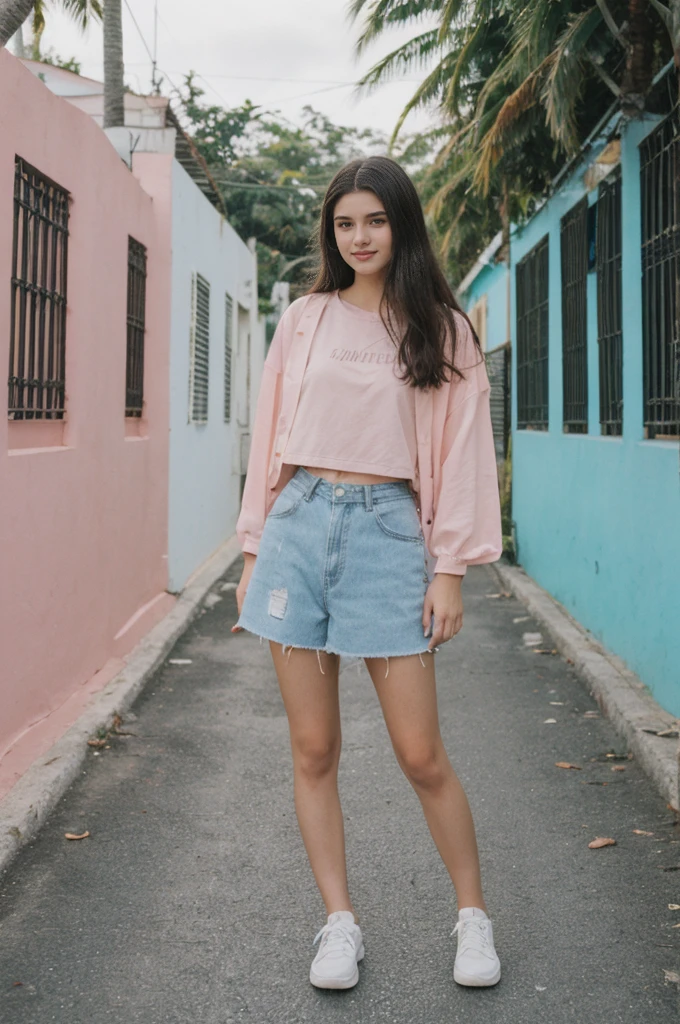 her name is Annie, high quality, 1girl, ((20-year-old fit Caucasian woman)), ((20 years old)), ((fit)) black long hair, pose: standing, wearing pastel colored unique g gen Z modern wear, BACKGROUND: From the colorful neighborhoods of Rio de Janeiro, with its iconic beaches, lush rainforests, and vibrant Carnival celebrations