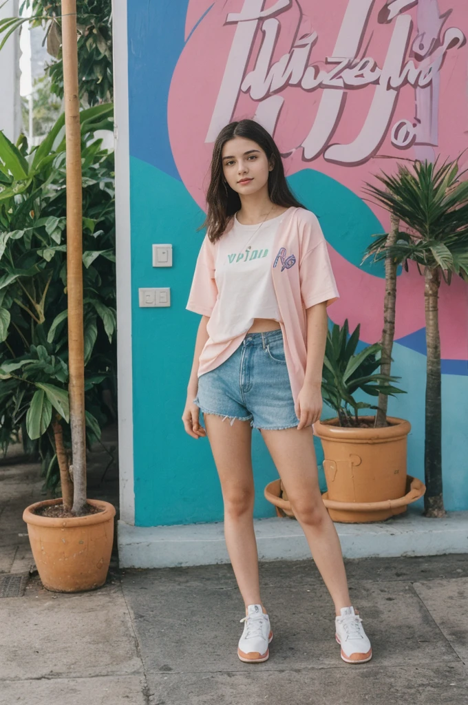 her name is Annie, high quality, 1girl, ((20-year-old fit Caucasian woman)), ((20 years old)), ((fit)) black long hair, pose: standing, wearing pastel colored unique g gen Z modern wear, BACKGROUND: From the colorful neighborhoods of Rio de Janeiro, with its iconic beaches, lush rainforests, and vibrant Carnival celebrations