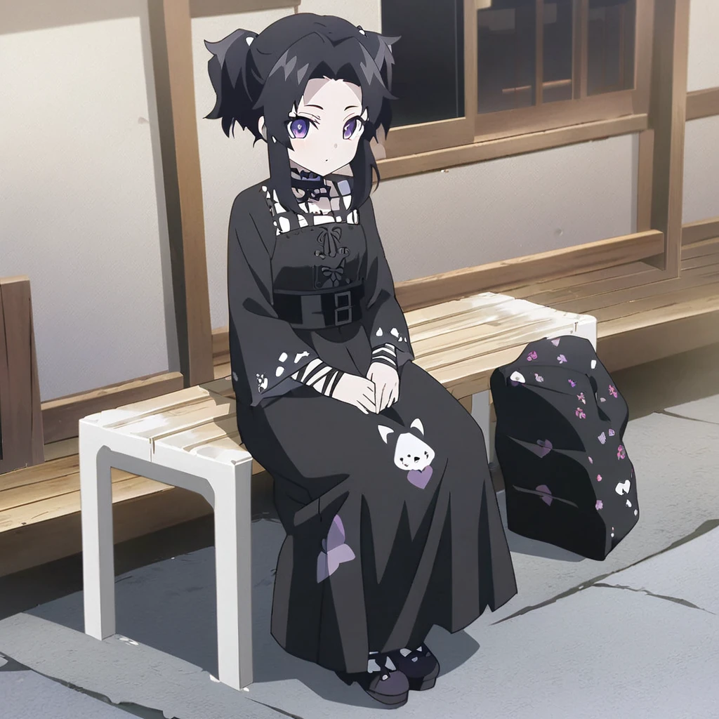 anime girl in a black and white dress sitting on a bench, anime character; full body art, anime girl wearing a black dress, anime woman fullbody art, anime full body illustration, 1 7 -  - old me goth girl, shikamimi, anime visual of a cute girl, demon slayer rui fanart, (anime girl), anime character