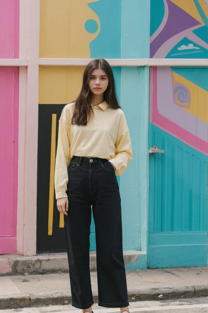 her name is Annie, high quality, 1girl, ((20-year-old fit Caucasian woman)), ((20 years old)), ((fit)) black long hair, pose: standing, wearing pastel colored unique g gen Z modern wear, BACKGROUND: From the colorful neighborhoods of Rio de Janeiro, with its iconic beaches, lush rainforests, and vibrant Carnival celebrations
