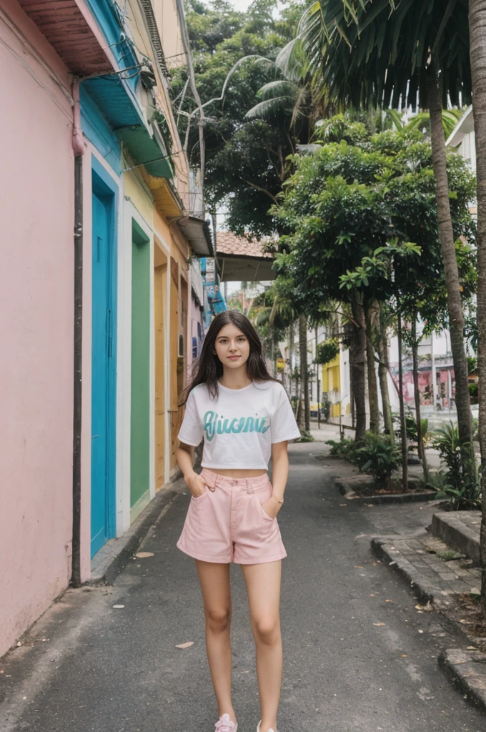 her name is Annie, high quality, 1girl, ((20-year-old fit Caucasian woman)), ((20 years old)), ((fit)) black long hair, pose: standing, wearing pastel colored unique g gen Z modern wear, BACKGROUND: From the colorful neighborhoods of Rio de Janeiro, with its iconic beaches, lush rainforests, and vibrant Carnival celebrations