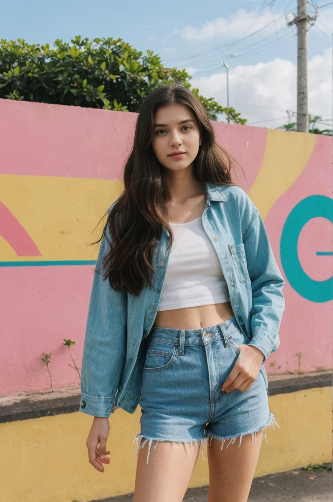 her name is Annie, high quality, 1girl, ((20-year-old fit Caucasian woman)), ((20 years old)), ((fit)) black long hair, pose: standing, wearing pastel colored unique g gen Z modern wear, BACKGROUND: From the colorful neighborhoods of Rio de Janeiro, with its iconic beaches, lush rainforests, and vibrant Carnival celebrations